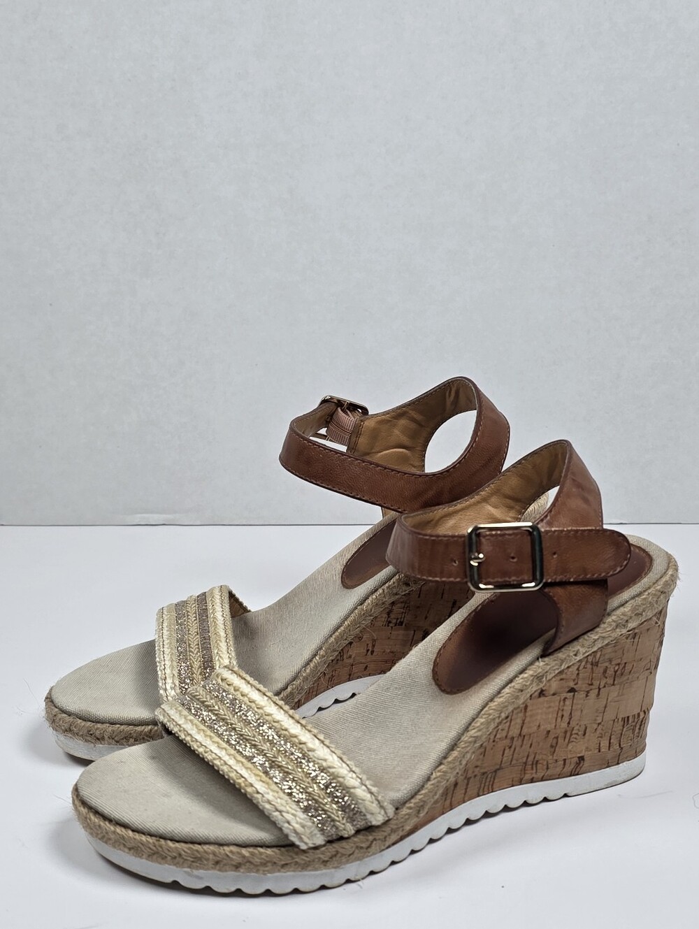 K Studio Espadrille Wedge Platform Brown Strap and Beige Natural Band Sandals